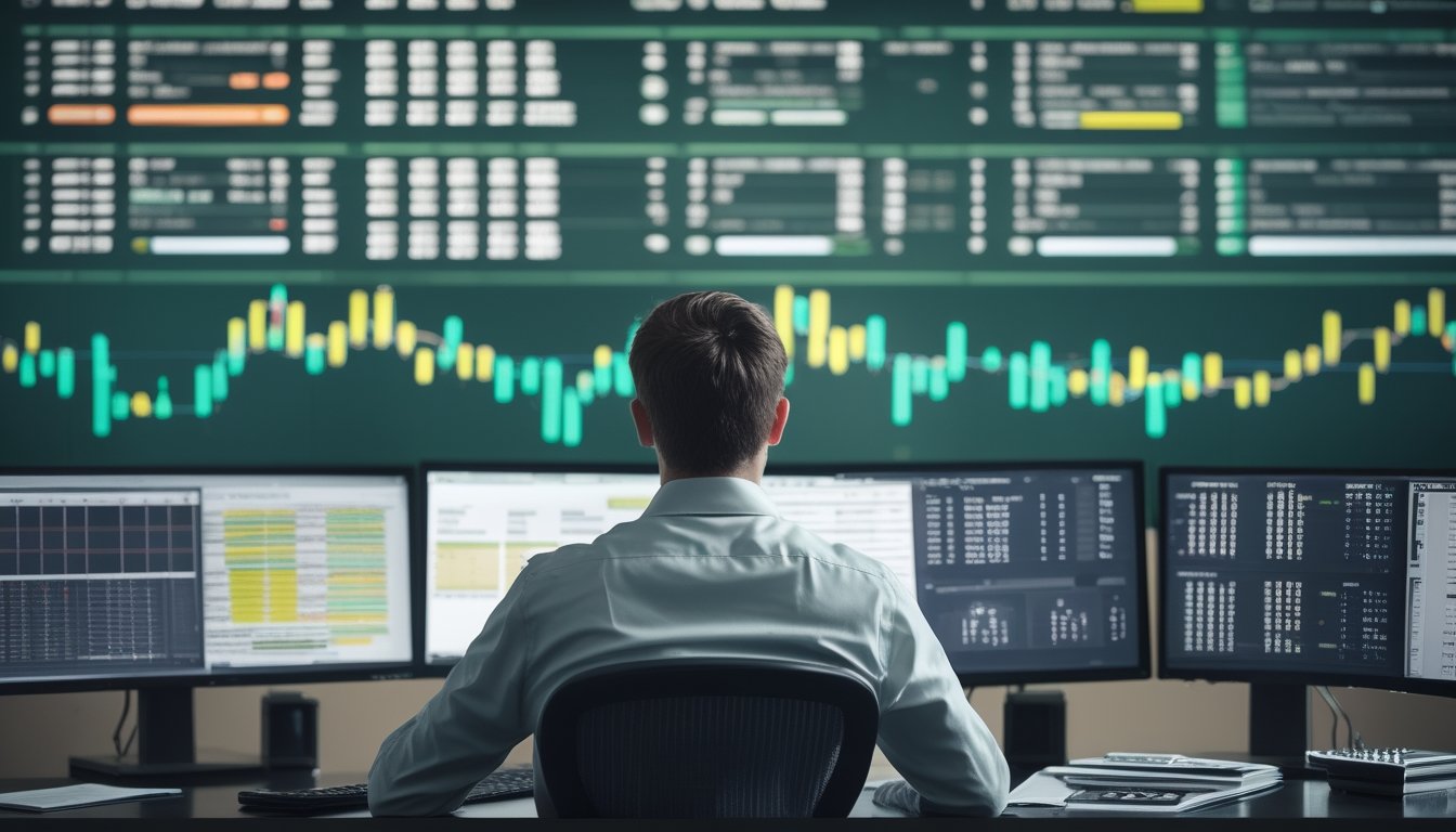 Analis sedang mempelajari data beberapa balapan secara berurutan di ruang kerja dengan beberapa layar.