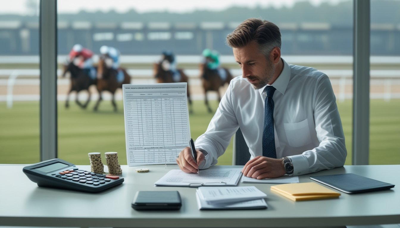 Seorang analis mengatur anggaran dan mencatat strategi di meja kerja, dengan lintasan pacuan kuda terlihat samar di latar belakang.