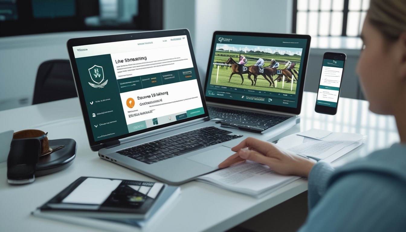 Laptop dan ponsel menampilkan siaran langsung pacuan kuda dengan simbol keamanan digital di meja kerja modern.