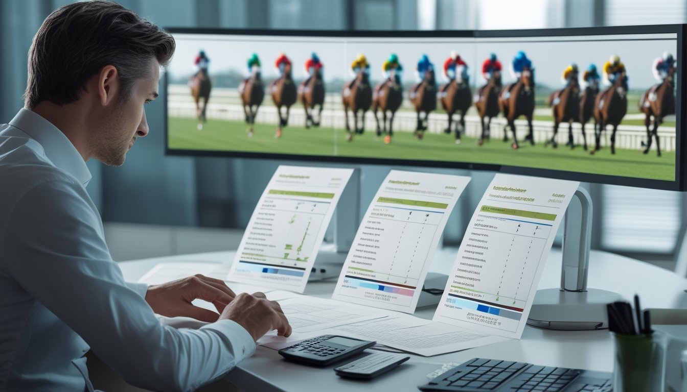 Seorang bettor menganalisis statistik balap kuda dan tiga pilihan taruhan di meja kerja.
