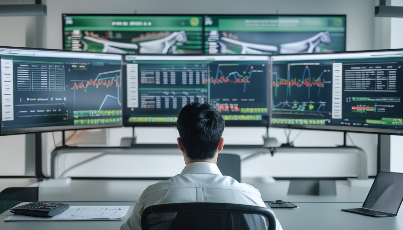 Analis memeriksa data balapan kuda dan grafik peluang di kantor modern.
