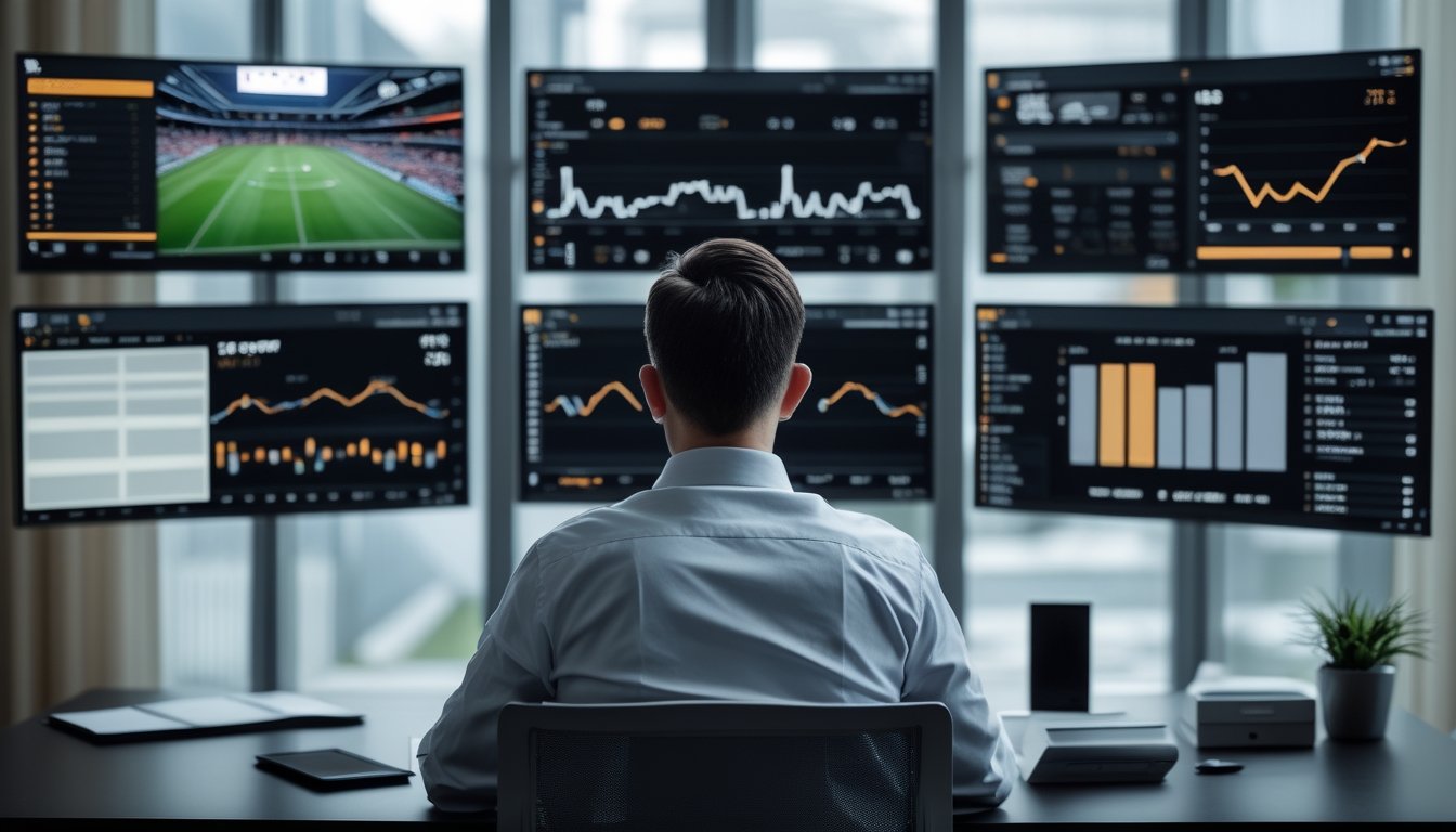 Seorang analis olahraga mempelajari pertandingan sepak bola langsung dan grafik data pada beberapa monitor.