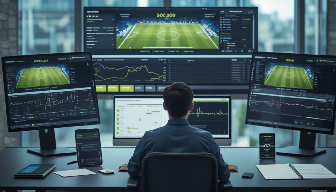 Analis olahraga memantau pertandingan sepak bola langsung dan grafik statistik di beberapa layar.