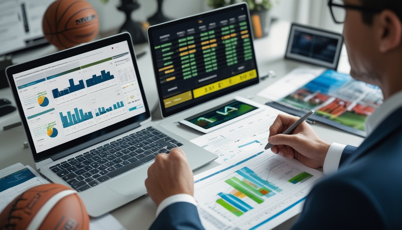 Seorang analis membandingkan data olahraga di laptop dan tablet dengan perlengkapan beberapa cabang olahraga di meja.
