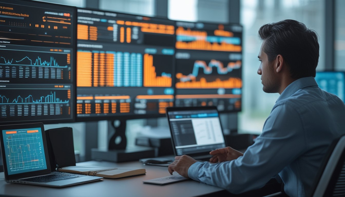 Analis olahraga membandingkan data dan grafik abstrak dari beberapa cabang olahraga di ruang kerja modern.