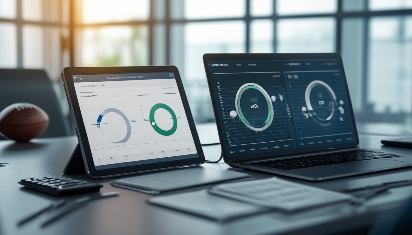 Meja kerja modern dengan laptop berisi grafik analisis olahraga, kalkulator, tablet, dan perlengkapan olahraga.