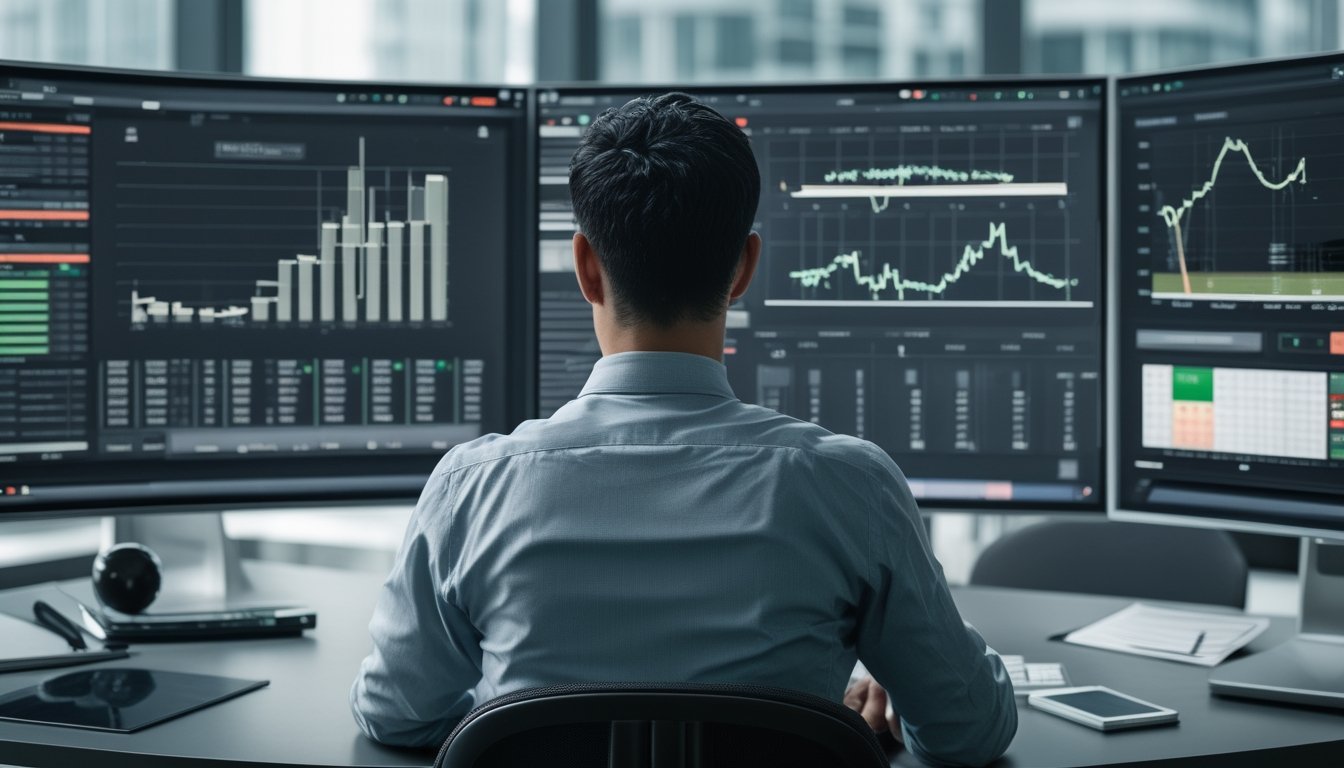 Seorang analis mengamati grafik statistik pertandingan sepak bola di ruang kerja modern.