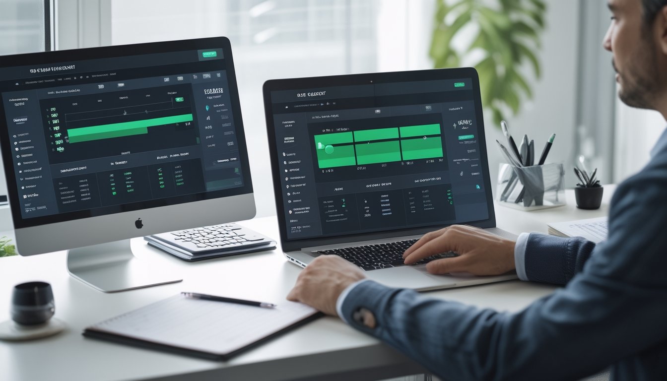 Seseorang meninjau data taruhan olahraga di laptop sambil mempertimbangkan keputusan cash out di meja kerja.