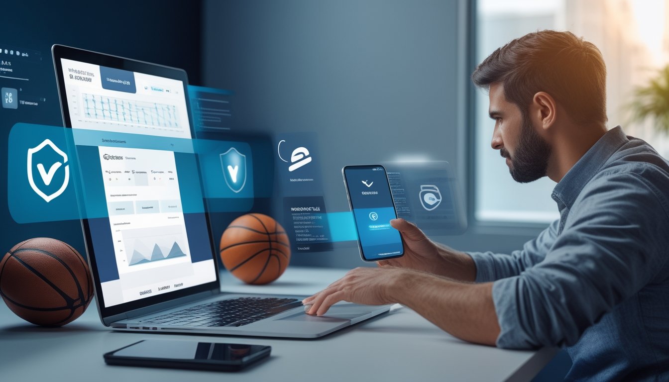 Orang dewasa melihat statistik olahraga di laptop dan ponsel di meja kerja modern dengan simbol keamanan dan perlengkapan olahraga.