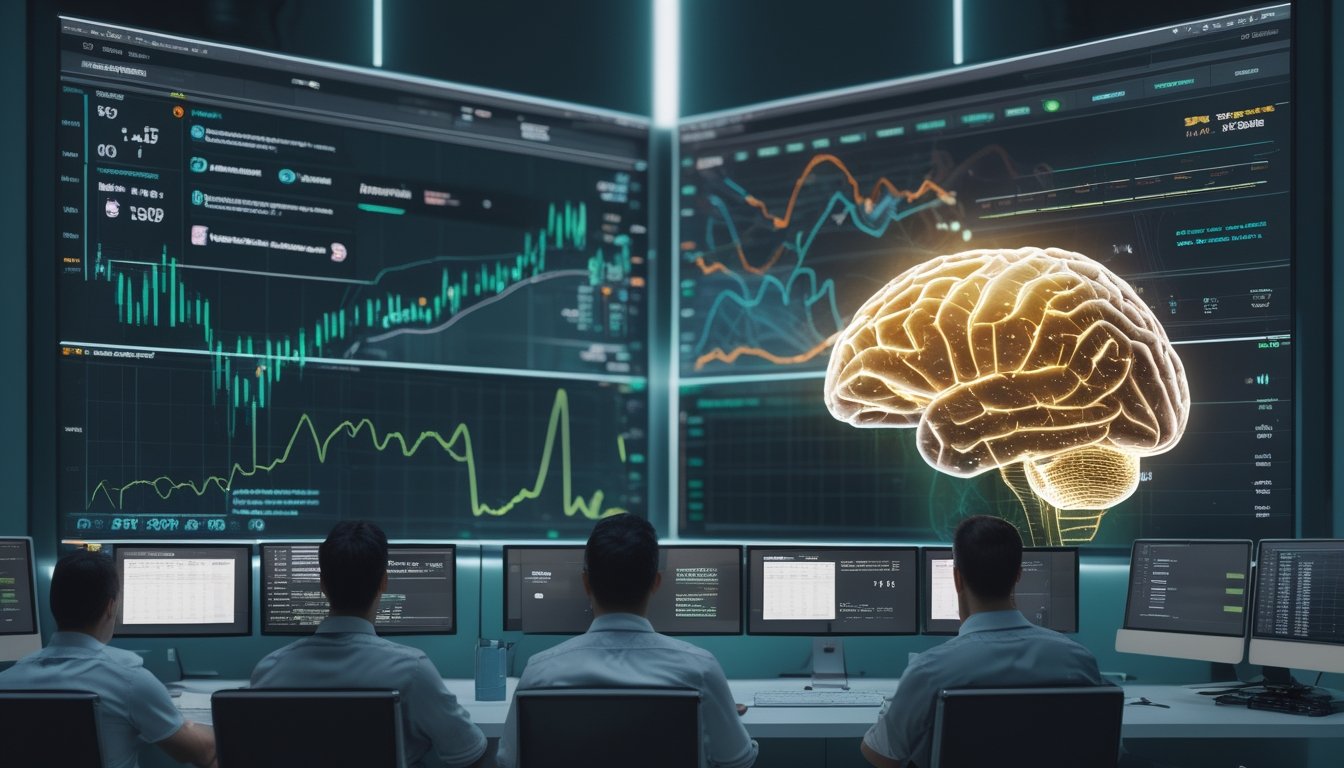 Tim analis mengamati visualisasi data dan jaringan kecerdasan buatan untuk memprediksi hasil pertandingan olahraga.