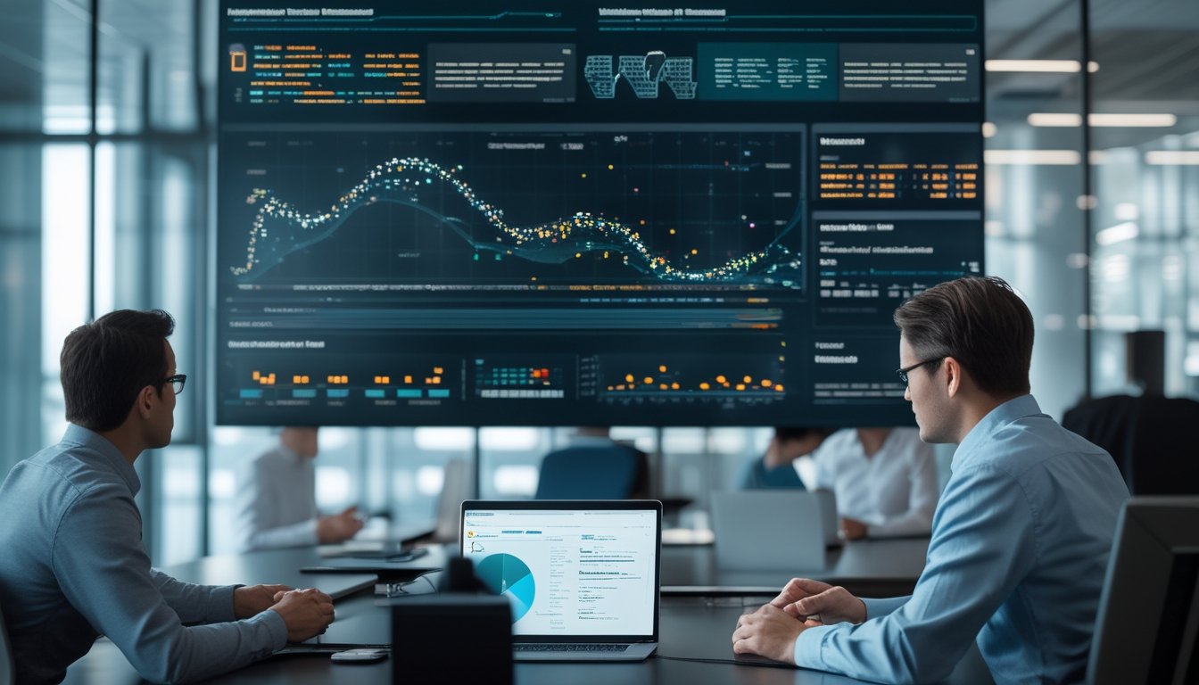 Tim analis mempelajari visualisasi data dan prediksi AI untuk pertandingan olahraga di ruang kerja modern.