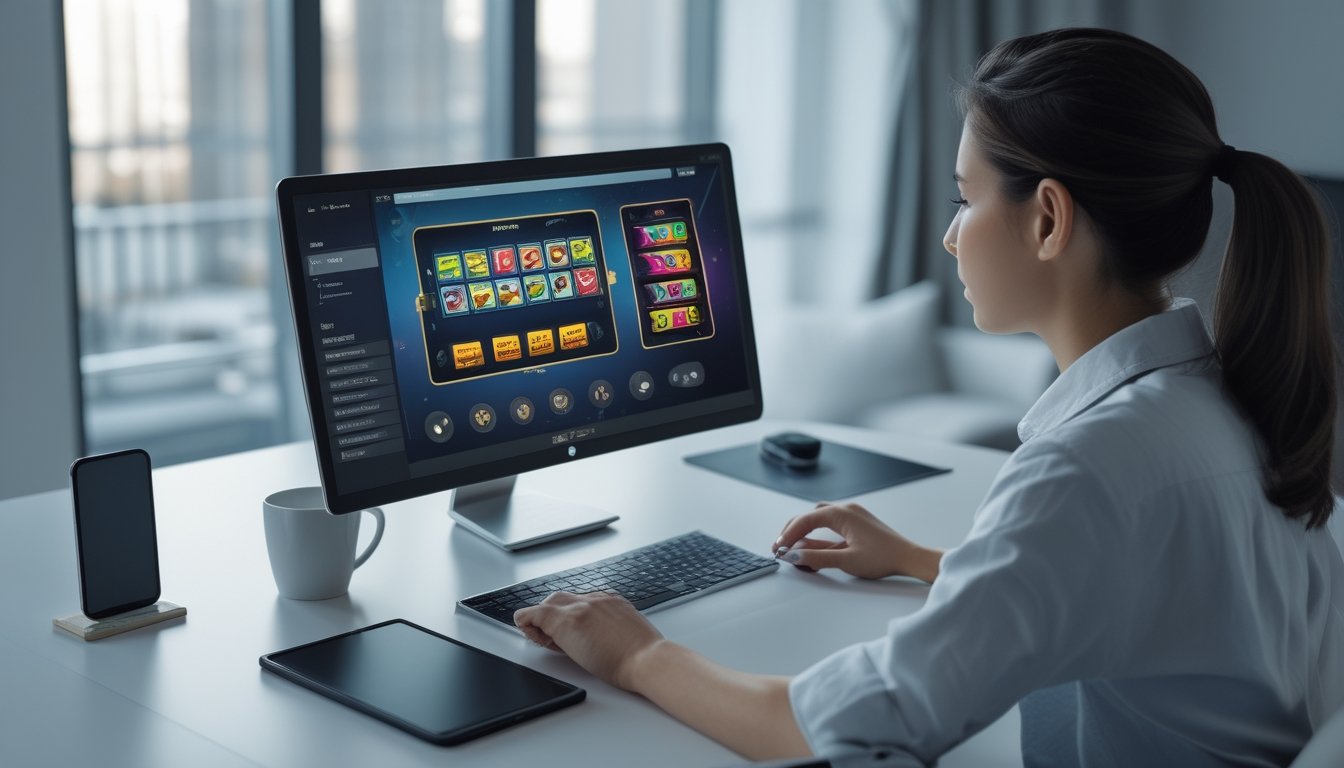 Seorang pemula mempelajari permainan slot online di laptop sambil menyiapkan catatan dan kalkulator di meja kerja.