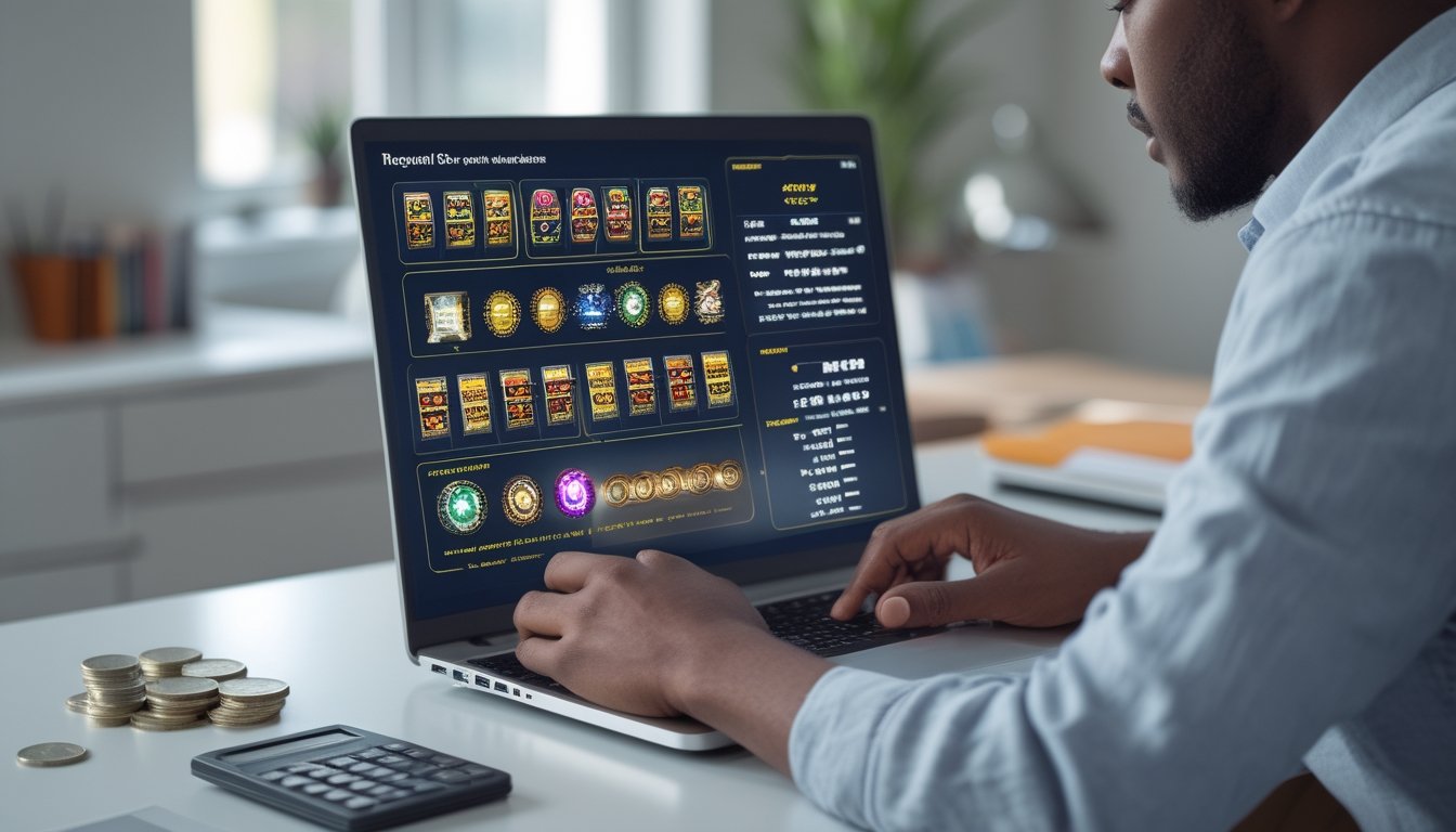Seorang pemula mempelajari mekanisme slot dan peluang kemenangan melalui laptop di meja kerja.