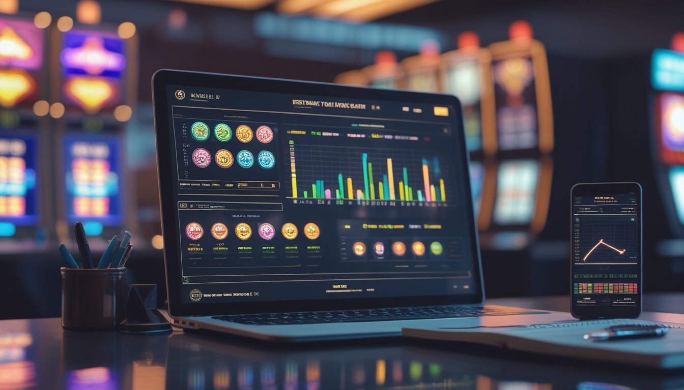 Laptop menampilkan grafik analisis statistik permainan slot di samping kalkulator dan buku catatan kosong.