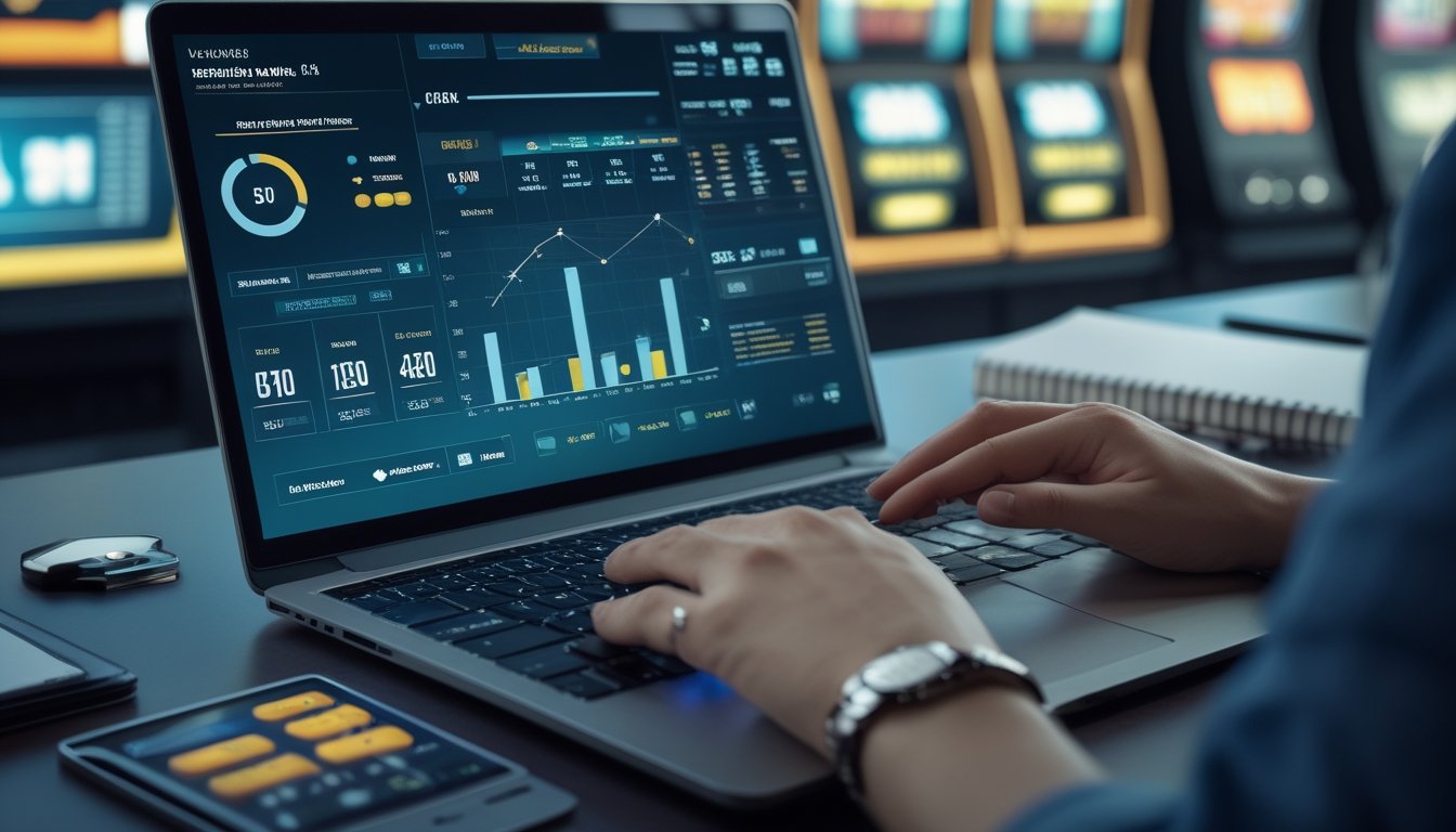 Seseorang menganalisis data RTP dan volatilitas permainan slot menggunakan laptop, kalkulator, dan catatan di meja kerja.