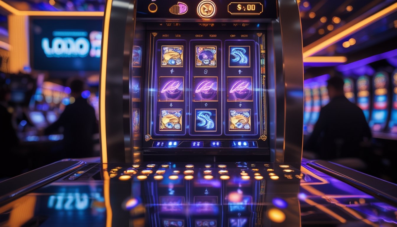 Mesin slot modern bercahaya di lingkungan kasino mewah dengan koin berkilauan dan siluet pemain.