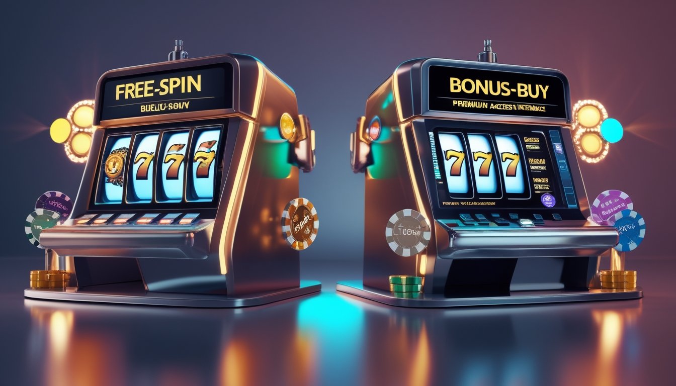 Dua mesin slot modern berdampingan dengan tampilan visual yang membandingkan fitur putaran gratis dan pembelian bonus.