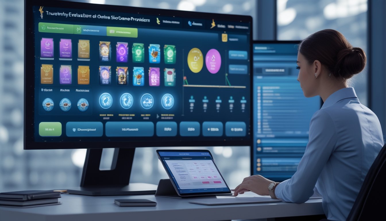 Analis profesional meninjau data berbagai platform permainan slot pada layar komputer di ruang kerja modern.