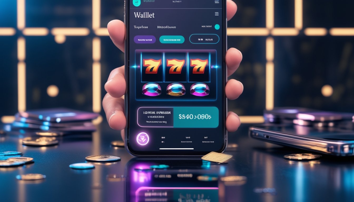 Ponsel menampilkan permainan slot digital abstrak dengan ikon pembayaran dompet elektronik.