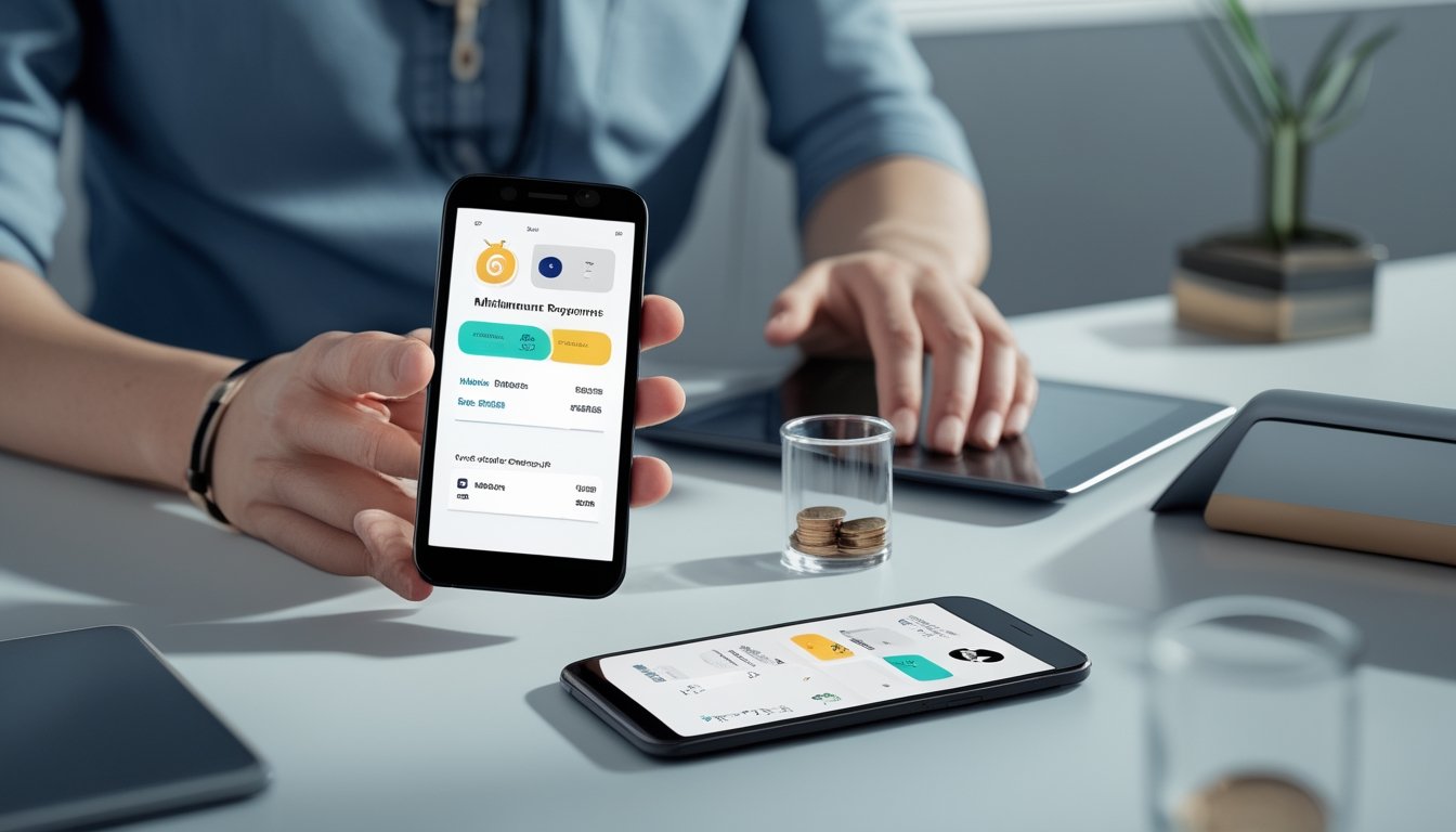 Tangan seseorang menggunakan ponsel dengan tampilan dompet digital abstrak di meja kerja, disertai ponsel lain dan gelas berisi koin.