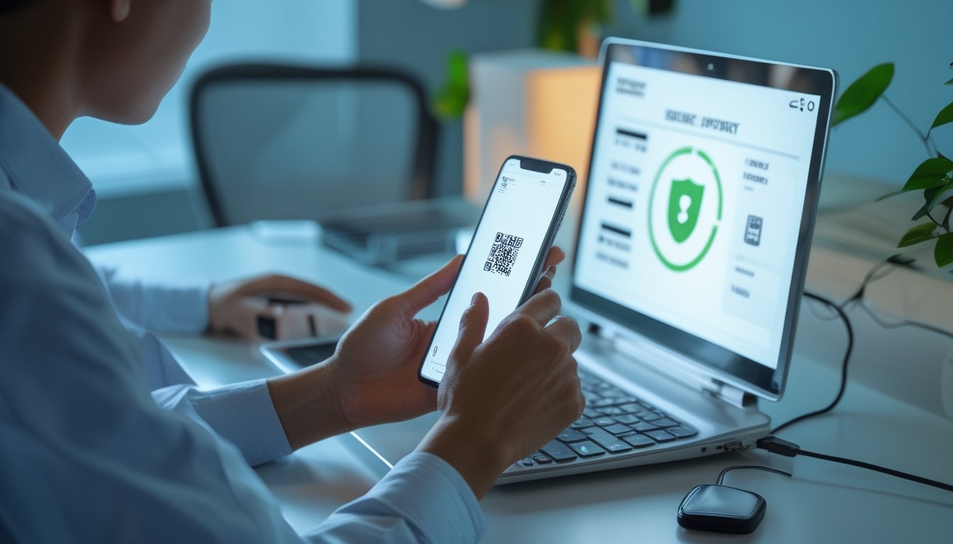 Seseorang memindai kode QR di layar laptop menggunakan ponsel dalam suasana kerja modern.