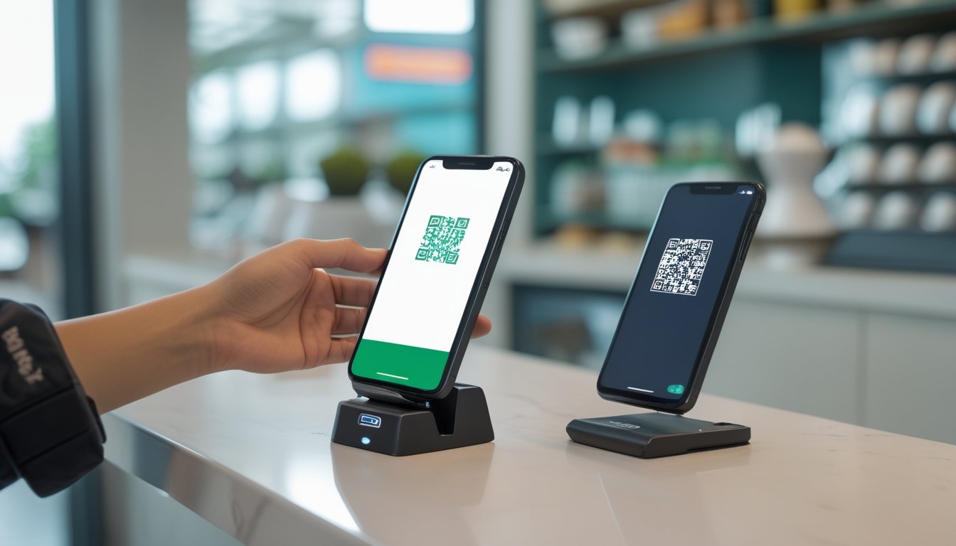 Seseorang melakukan pembayaran digital dengan memindai kode QR menggunakan ponsel di meja kasir.