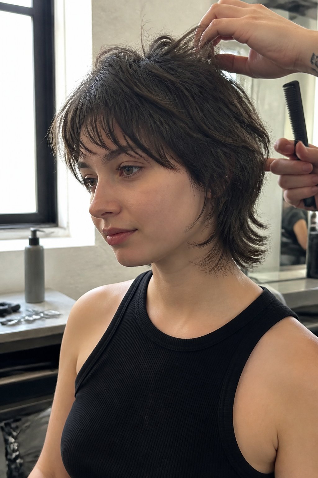 A person with a short, layered wolf haircut sits in a casual salon while a stylist adjusts their hair.