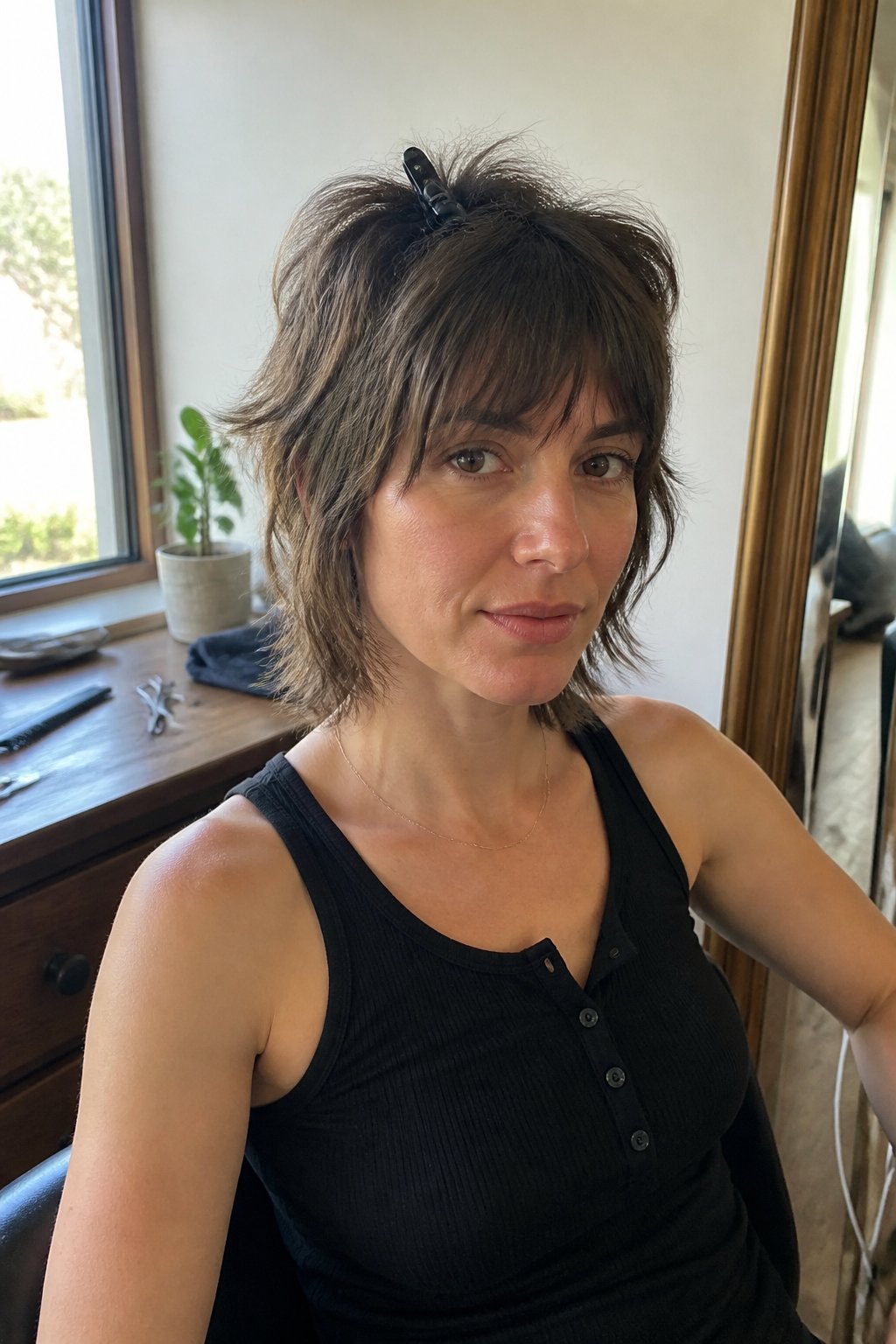 A person with a short layered wolf cut sits in a softly lit room near a counter with hair-styling tools.