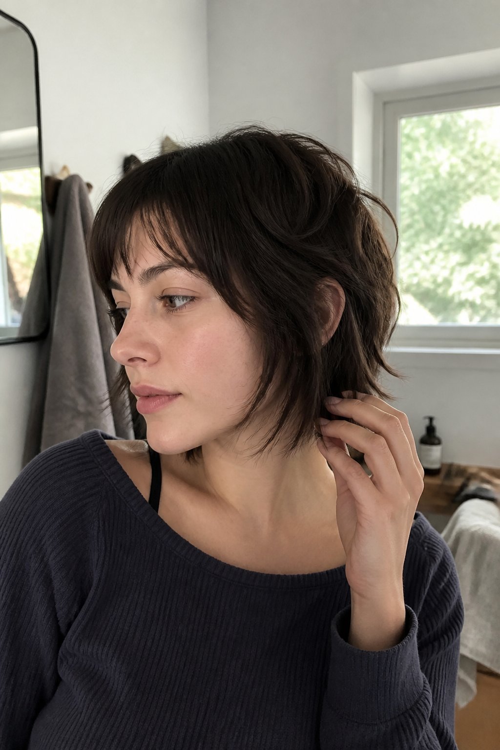Person with a choppy chin-length wolf cut photographed indoors near a window.