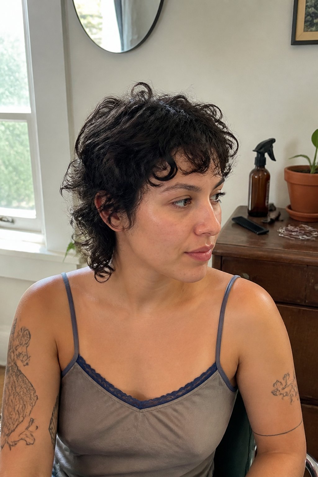 A person with a short curly wolf cut sits casually indoors near basic hairstyling tools.