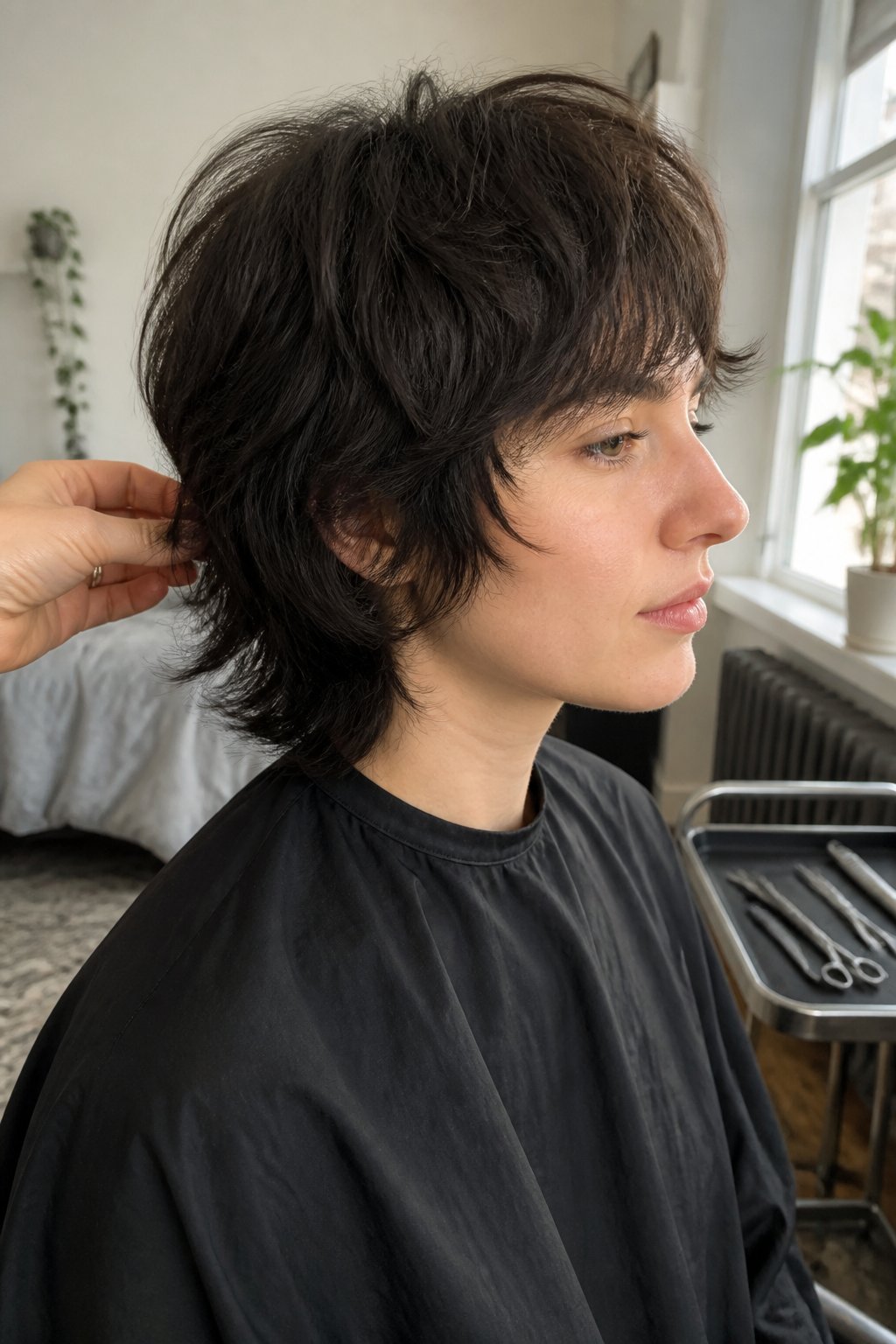 A person with thick hair wearing a short, layered wolf cut in a softly lit casual setting.