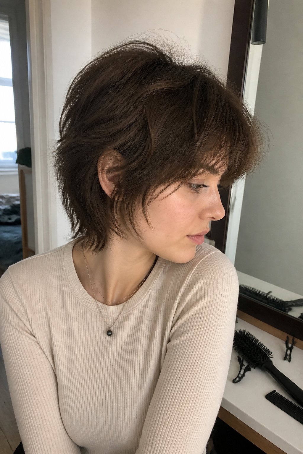 A person with short, layered wolf-cut hair sits casually near a mirror in a bright everyday setting.