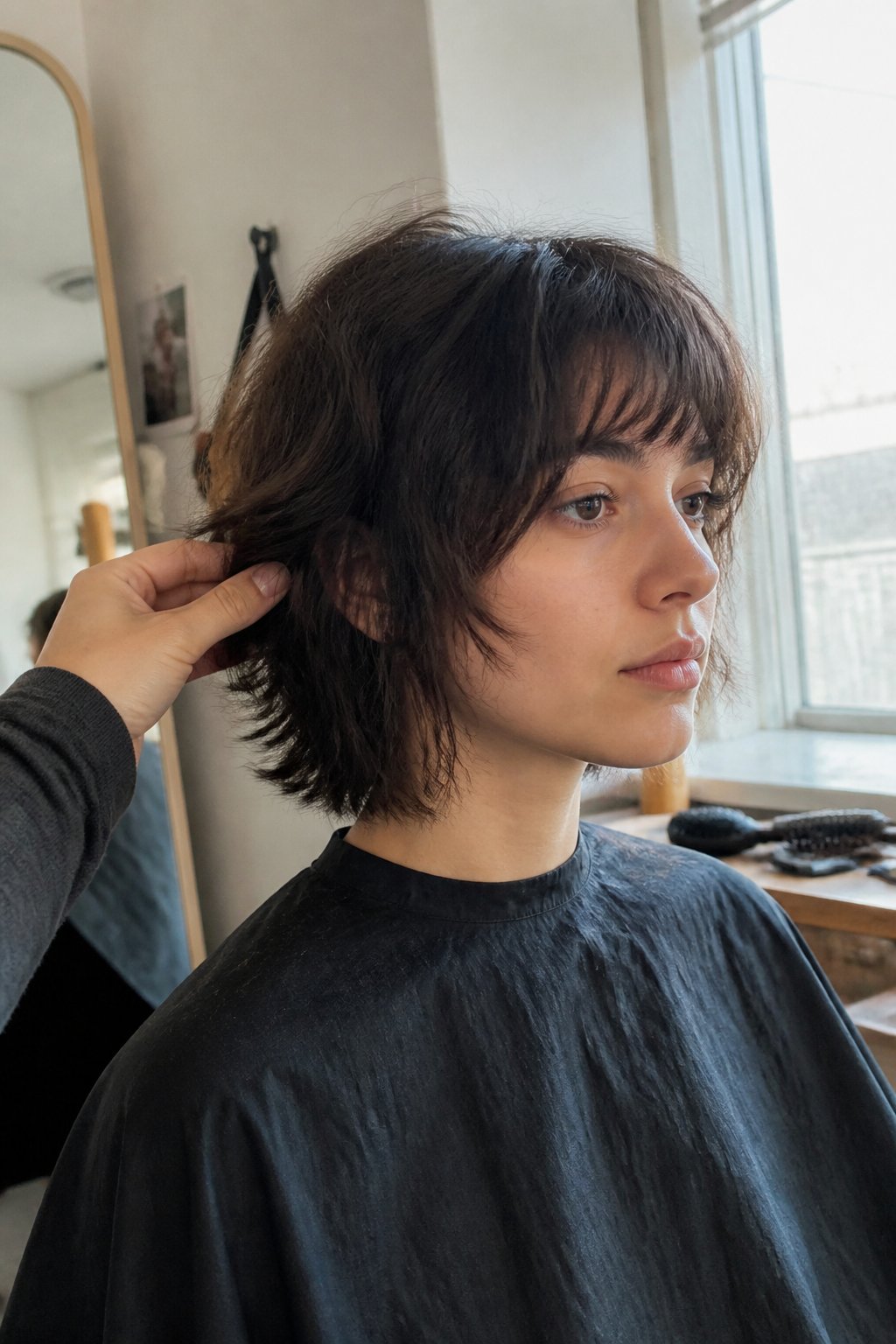 A person with a short, layered shaggy bob wolf cut sits in a casual hair-styling setting.