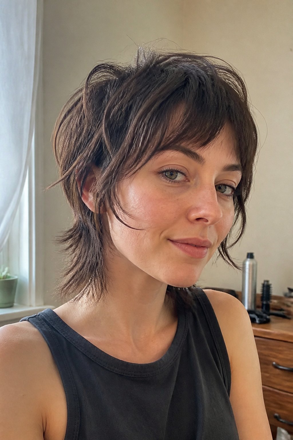 A person with a short wolf cut and layered strands framing their face stands near a window.