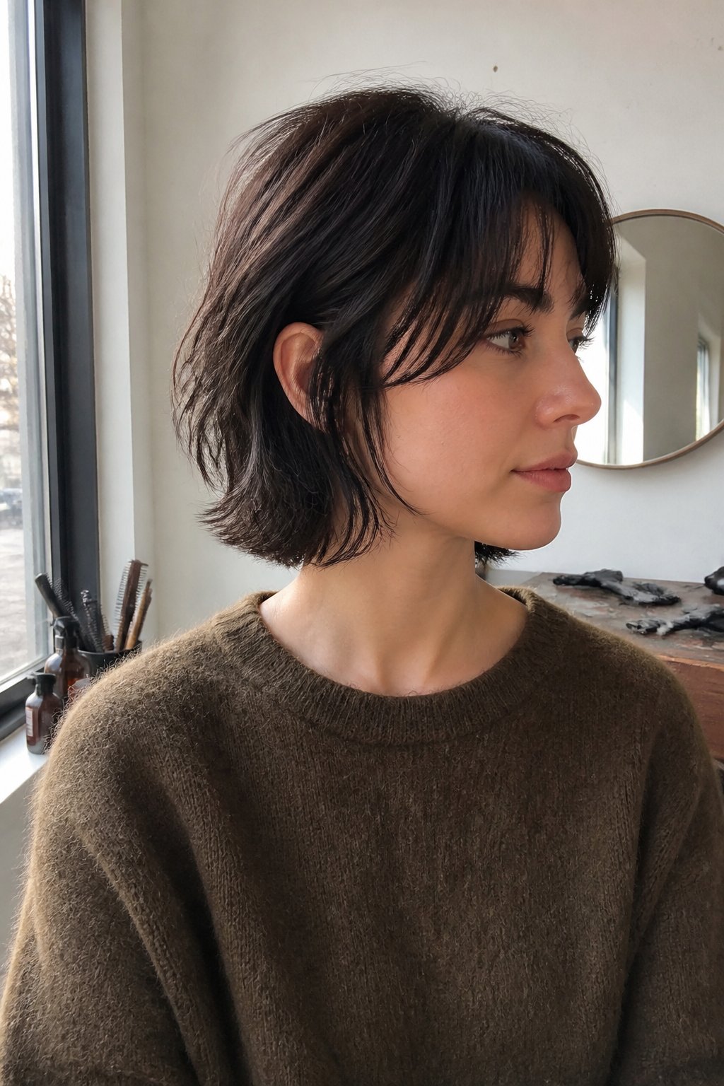 A person with a short blunt-ended wolf haircut sits in a casual salon setting beside hairstyling tools.