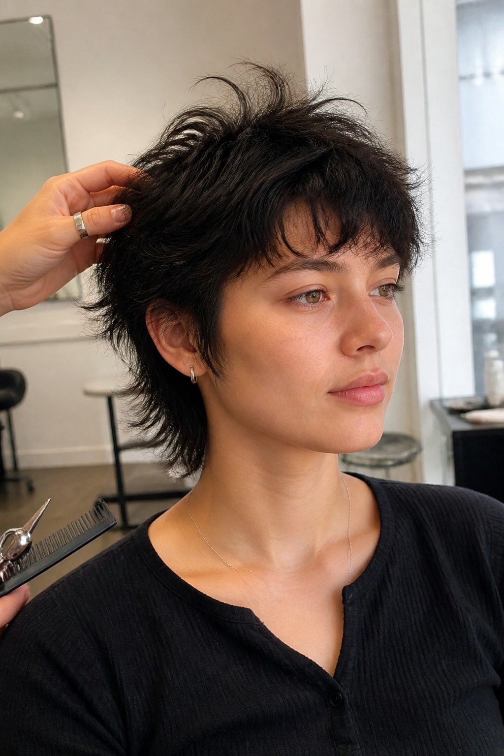 A young adult with a short layered wolf cut and tapered sides sits in a salon while a stylist adjusts their hair.