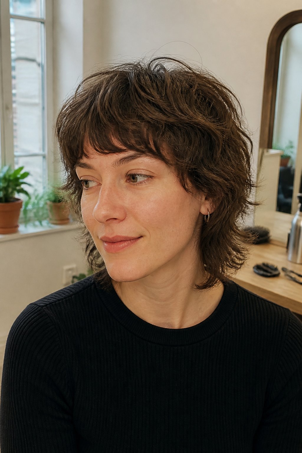 Person with a short, wavy layered wolf cut in a casual indoor setting.