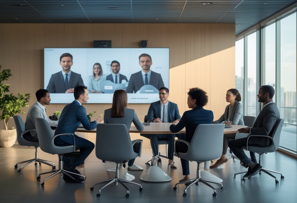 Tim profesional berdiskusi di ruang rapat modern dengan peserta jarak jauh melalui layar video konferensi.