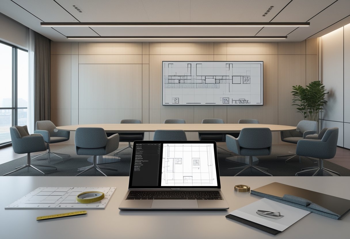 Ruang meeting modern dengan meja konferensi, layar tata ruang, dan perlengkapan desain di atas meja.