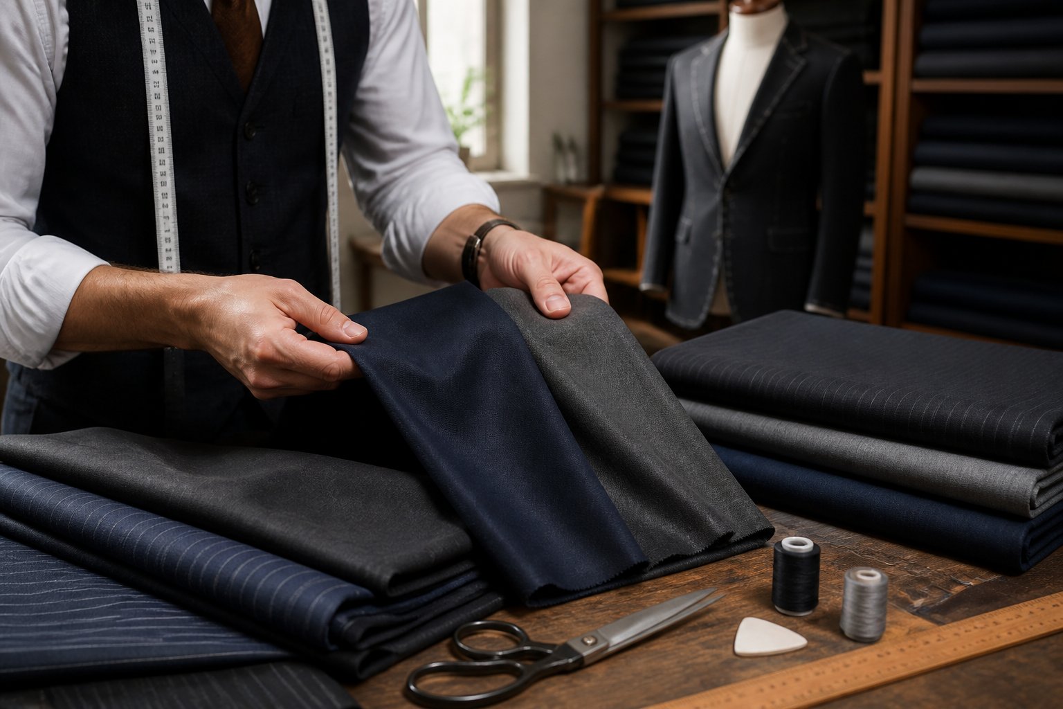 A tailor compares men’s suit fabric samples on a worktable.