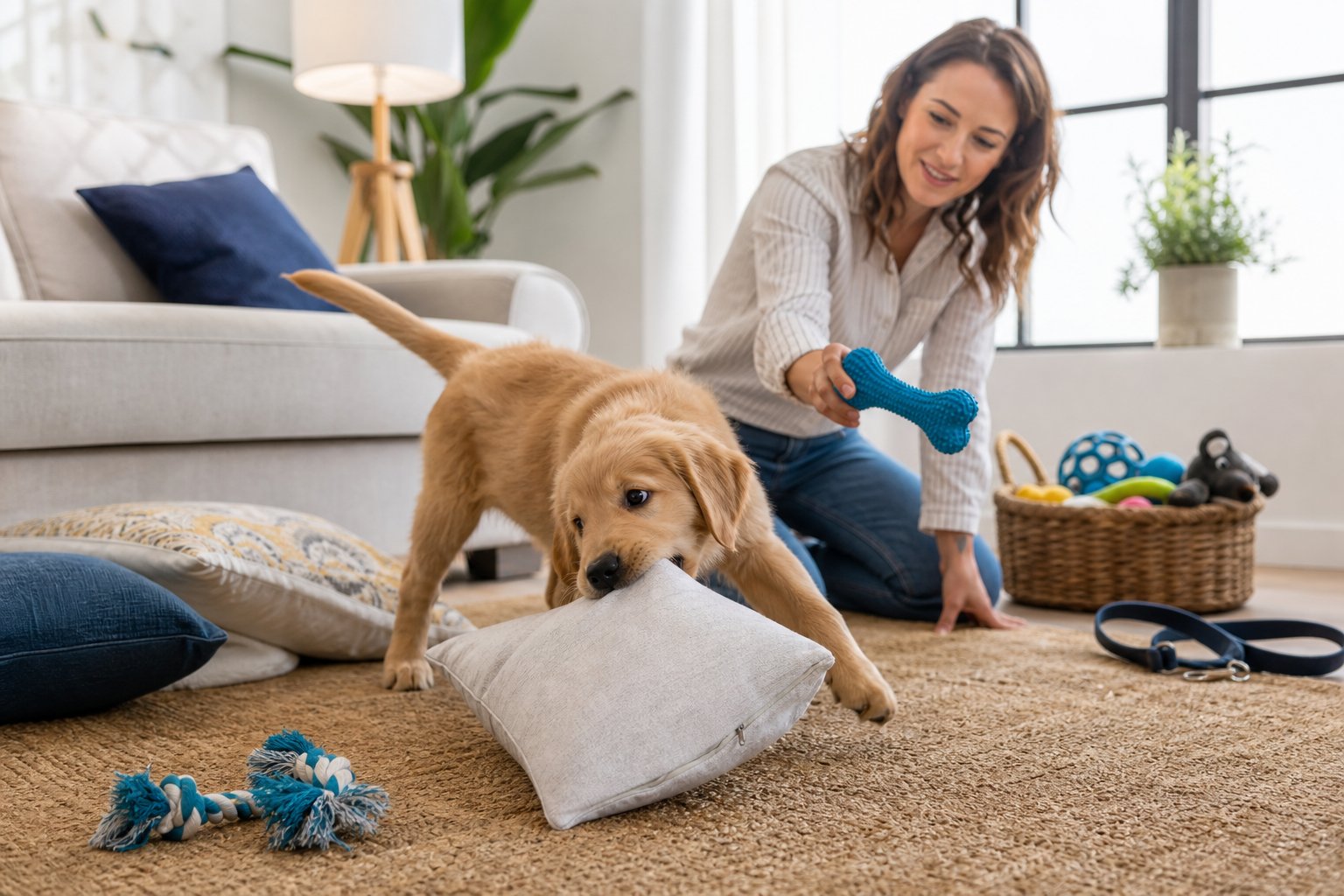 A dog owner redirects a bored dog away from scattered household items using a chew toy in a living room.