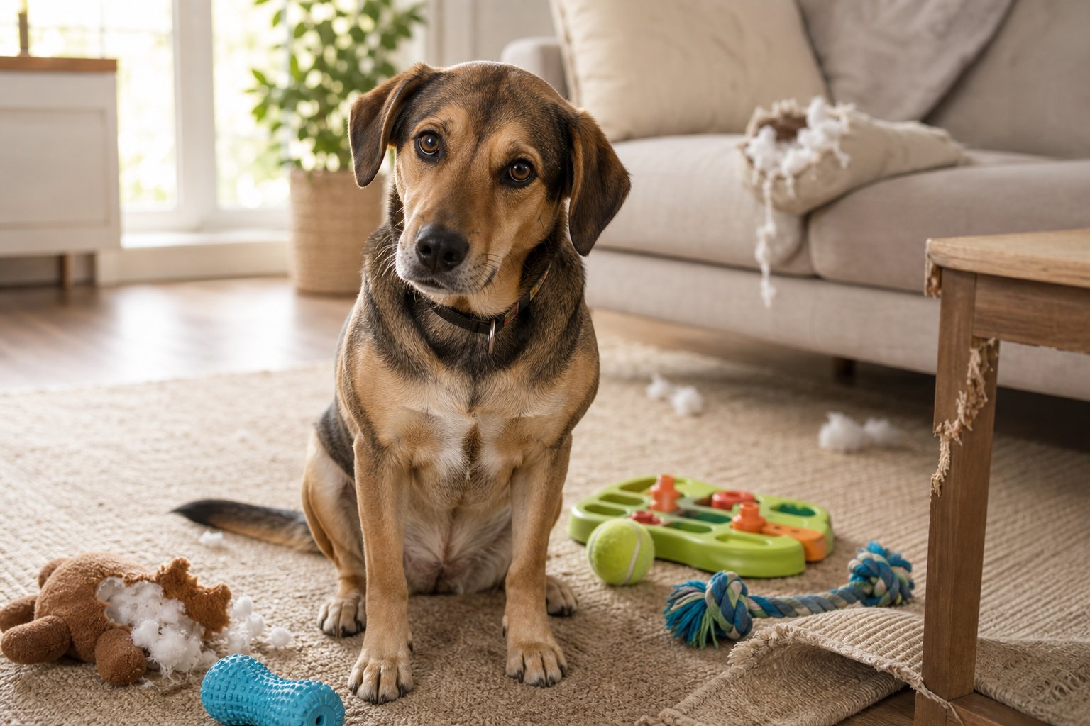 A bored dog sits in a living room near damaged furniture and scattered toys.