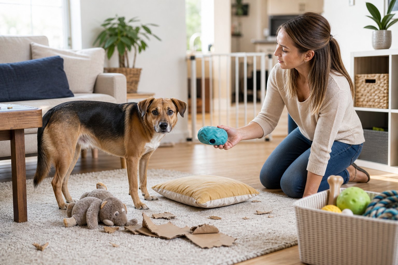 A dog near scattered household items while an owner redirects it to a puzzle toy in a tidy living room.