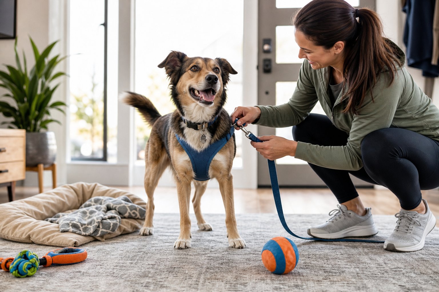 A dog eagerly getting ready for a walk while its owner clips on a leash in a bright home.