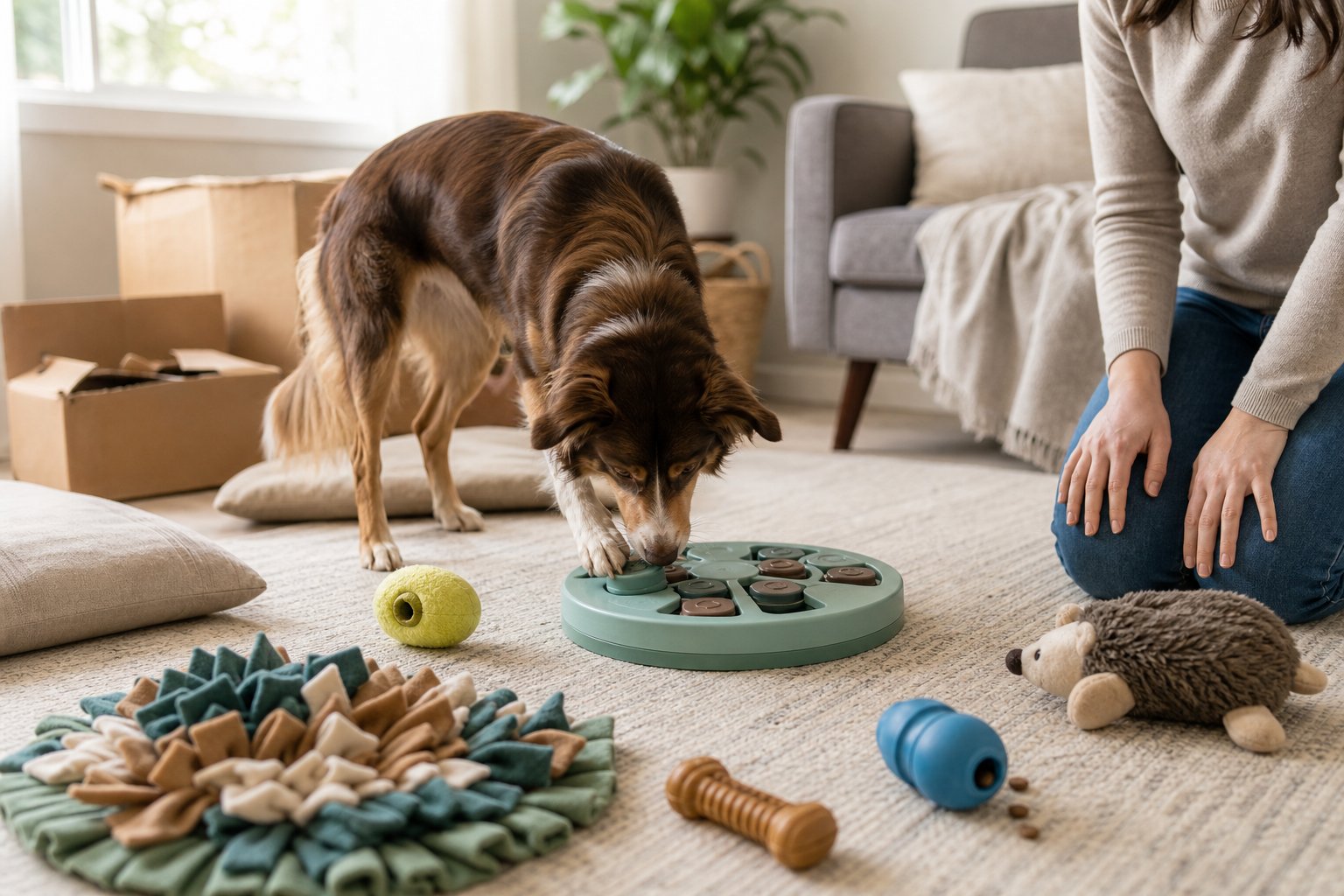 A dog happily investigates puzzle toys and enrichment activities on a rug in a bright living room while its owner looks on.