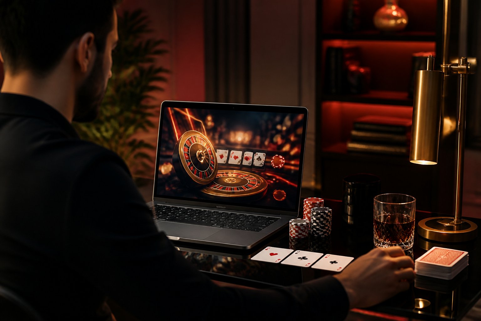 An adult using a laptop at a stylish home gaming setup with poker chips and playing cards nearby.