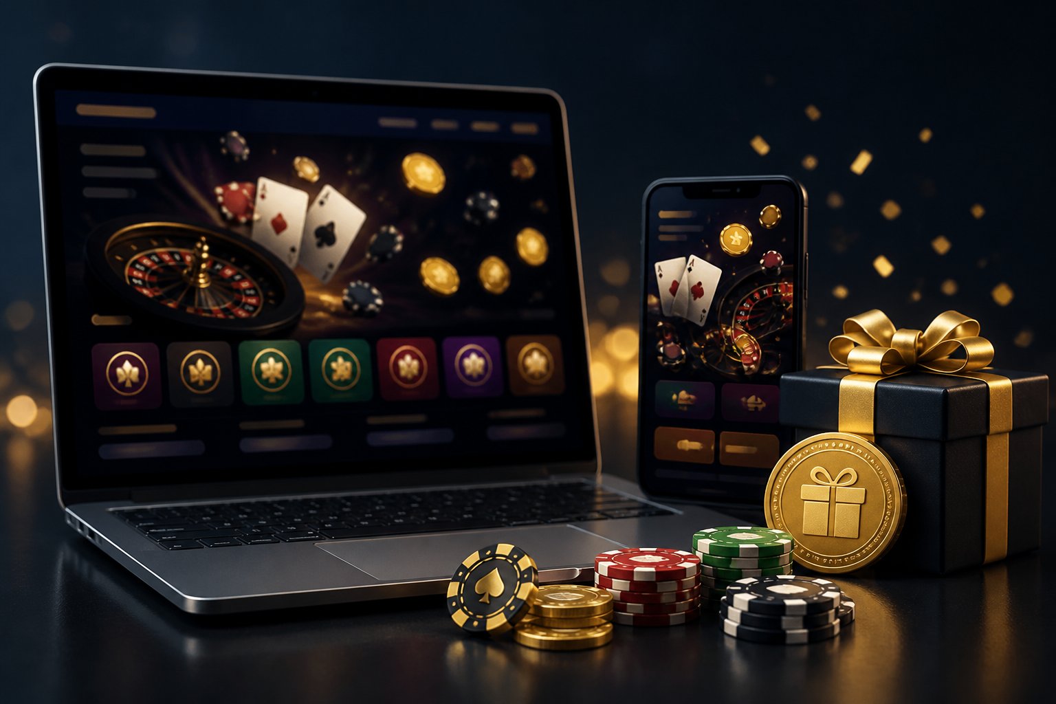 A smartphone and computer display abstract online casino visuals beside cards, chips, a roulette wheel, and a decorative gift box.