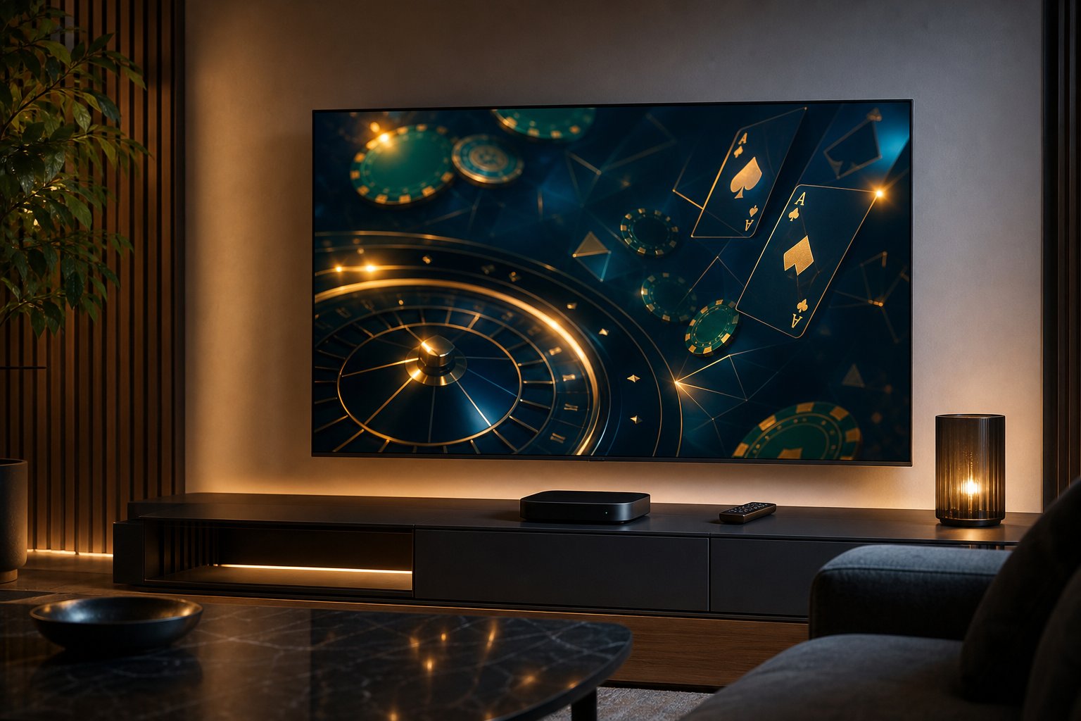 A smart television shows abstract casino-themed graphics above a compact streaming device in a modern living room.