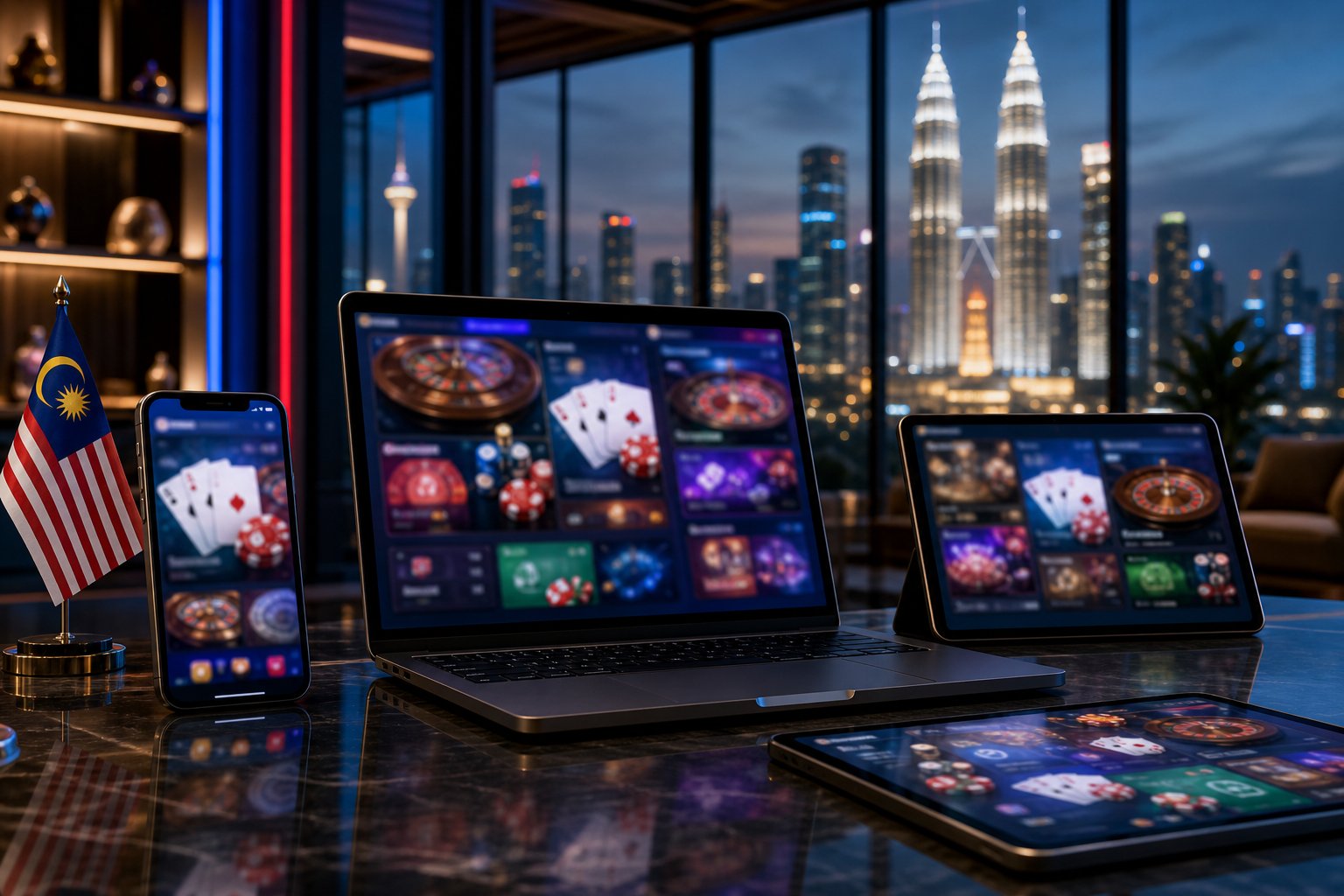 Devices displaying generic online casino game interfaces in a modern Malaysian setting.