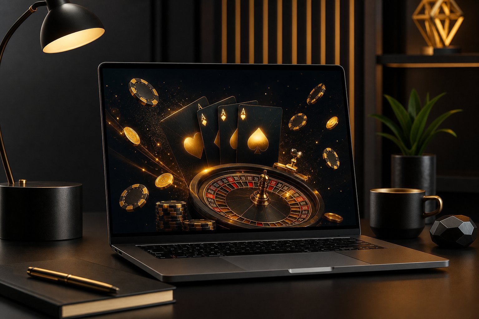 A modern computer displaying an abstract online casino interface with cards, chips, and a roulette wheel.
